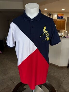 Philippines Men's Tri-Block Polo Shirt in Navy, White & Red with Yellow Motif